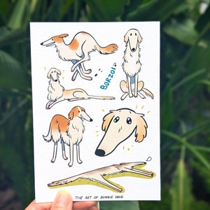 Borzoi-vykort A6 | Söt rolig lång hund som springer | Låt mig göra det åt dig meme | Illustration och seriekortstryck