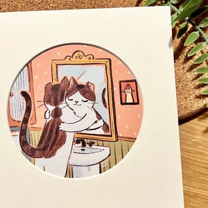 Mini arte impressa de gato com amor próprio | Desenhos fofos e aconchegantes de animais | Ilustração e decoração de quadrinhos para casa