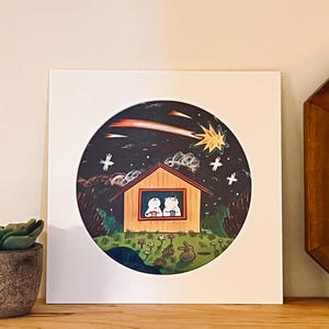 Impressão artística fofa e aconchegante de gato e cachorro | casa sob o céu estrelado | Ilustração e decoração de casa em quadrinhos