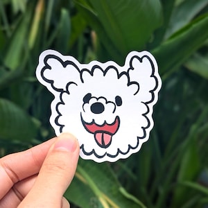 White Fluffy Dog Sticker | pet decor gift & accessory | Poodle Bichon Frise | Large cartoon face vinyl stickers | Art of Bonnie Pang