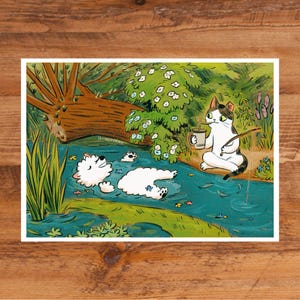 Mini impressão artística fofa e aconchegante de gato e cachorro | Desenhos engraçados de animais kawaii | Ilustração e decoração de quadrinhos para casa