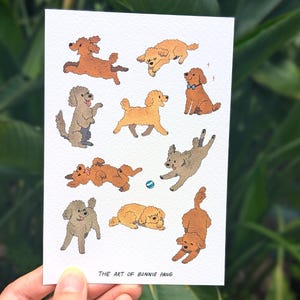 Poodle Postcard A6 | Cute fluffy dog gray brown cream playing | Illustration & comic card prints