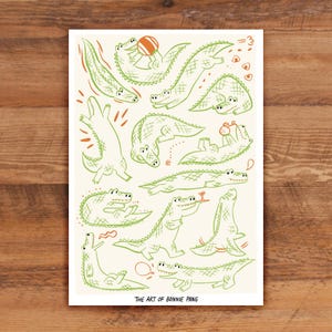 Impresión de tarjeta de cocodrilo linda / decoración divertida de caimán / ilustración de dibujos animados minimalista simple / dibujo lineal de animales acogedores / regalos de reptiles