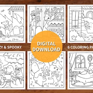 Könnte beinhalten: Sechs Schwarzweiß-Malvorlagen mit gruseligen und gemütlichen Halloween-Szenen. Die Seiten zeigen ein Gespenst, eine Katze, eine Hexe, einen Kürbis und andere Halloween-Charaktere. Der Text "Cozy & Spooky" und "Digital Download" befindet sich oben im Bild. Der Text "6 Coloring Pages" befindet sich unten im Bild.