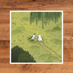 Mini impression d'art mignonne et confortable avec un chat et un chien | dessins d'animaux kawaii rigolos | Illustration et BD décoration d'intérieur