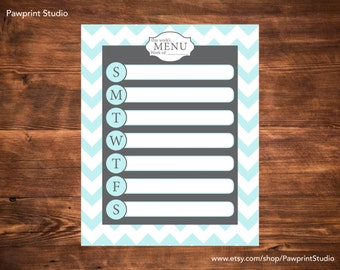 INSTANT PRINTABLE Weekly Menu Planner - Aqua/Gray (8x10)