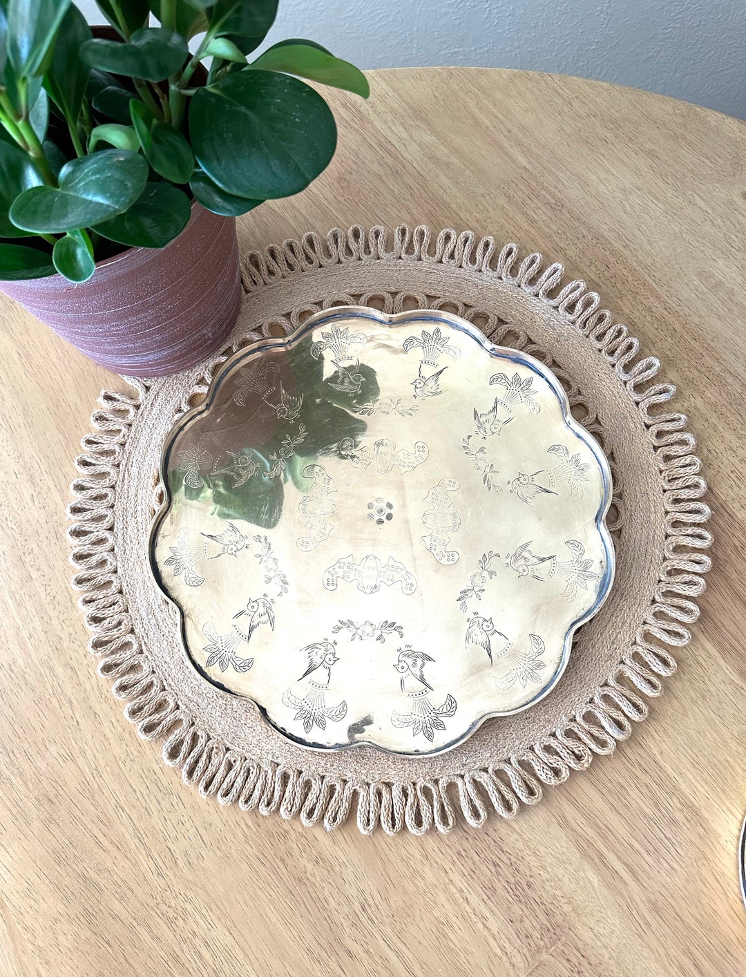 Round Brass Tray Vintage Gold Tray Ornate Serving Tray Brass Etsy
