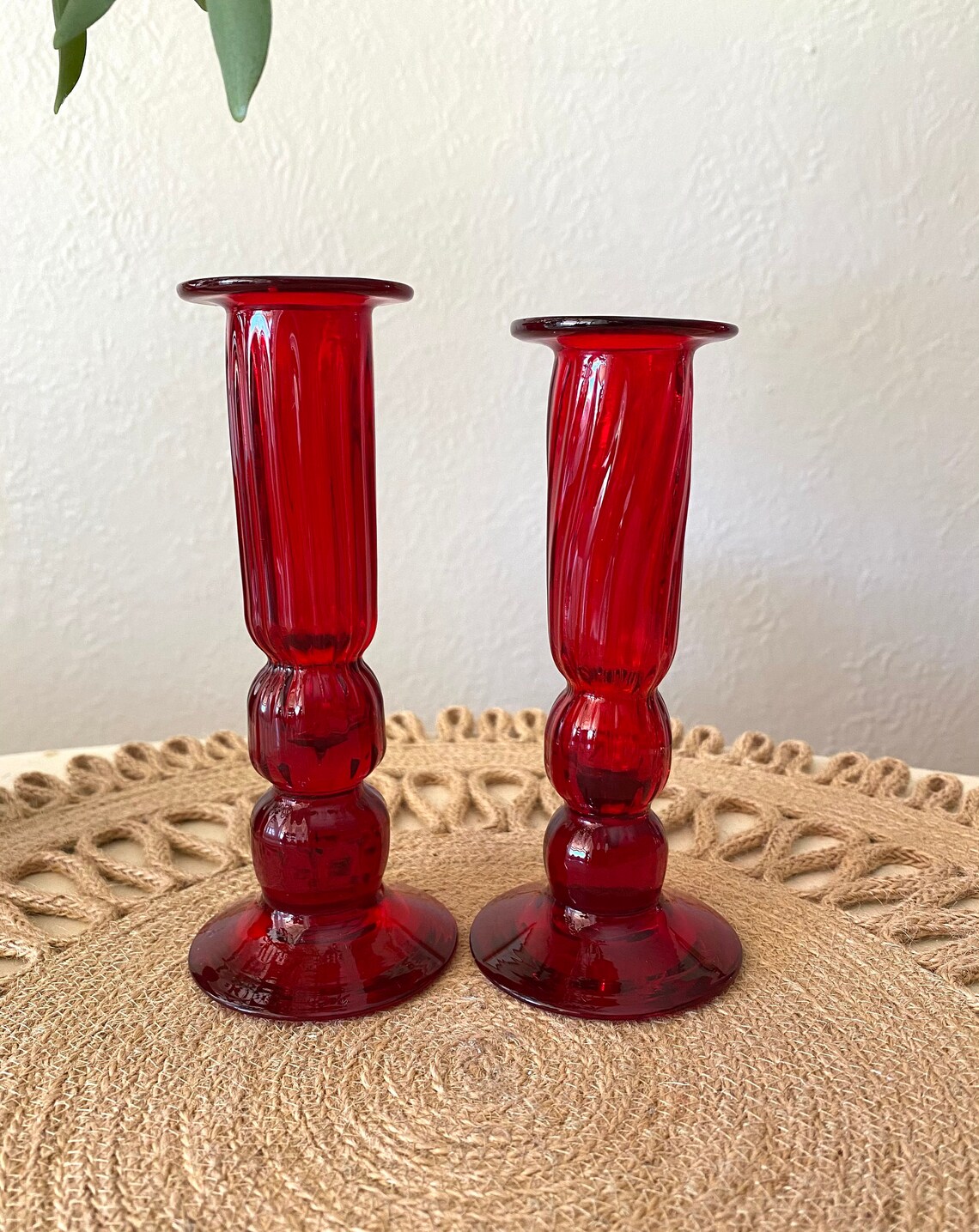 Red Glass Candle Holders / Red Candle Holders / Red Etsy