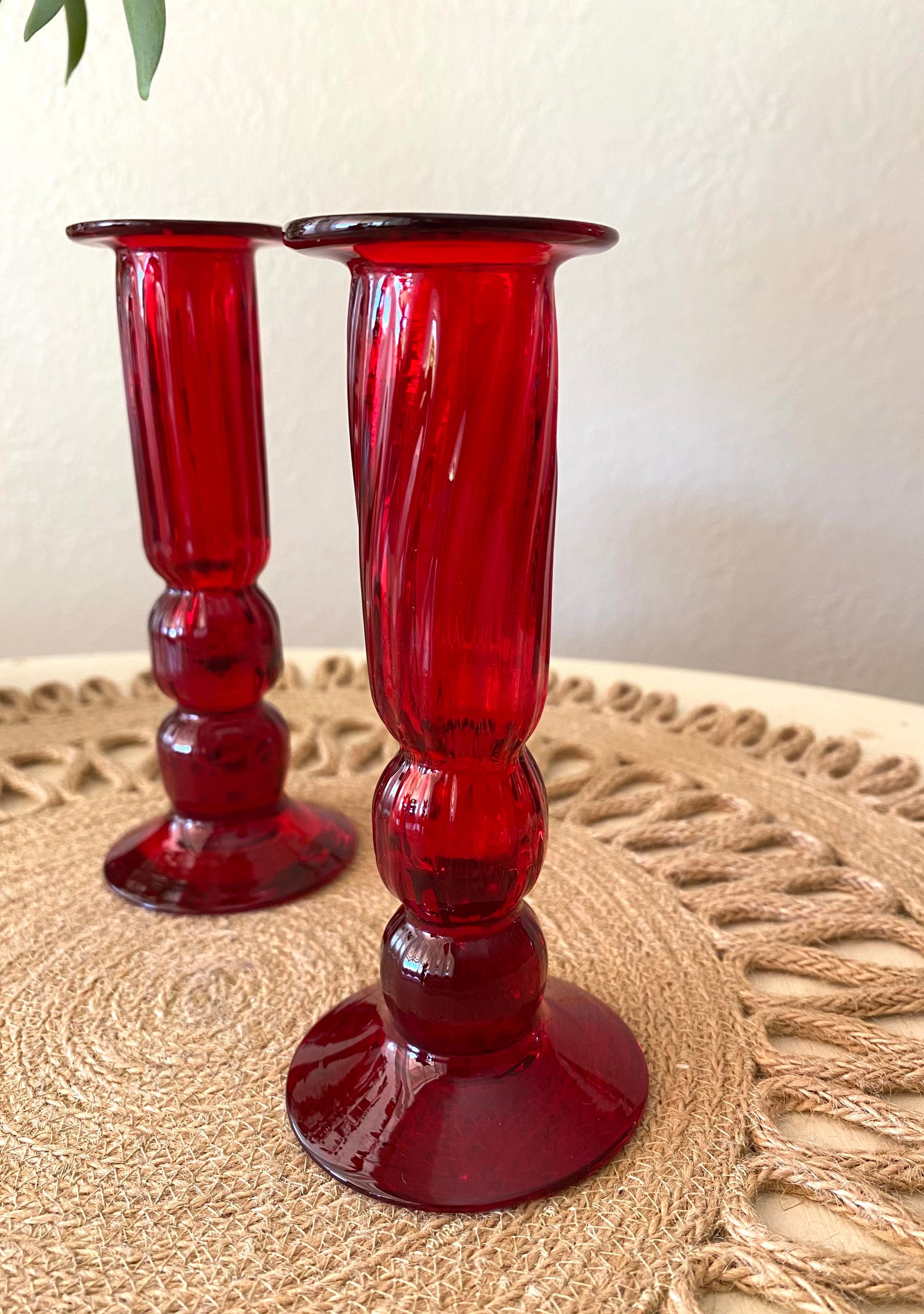 Red Glass Candle Holders / Red Candle Holders / Red Etsy