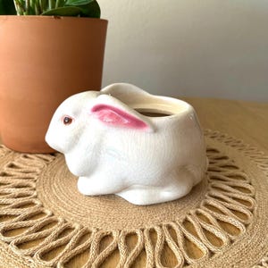 May include: A white ceramic planter shaped like a crouching rabbit with a subtle crackle glaze finish. The rabbit features pink-painted inner ears and a small dark eye. The hollow opening for a plant is located on the back of the rabbit figure.