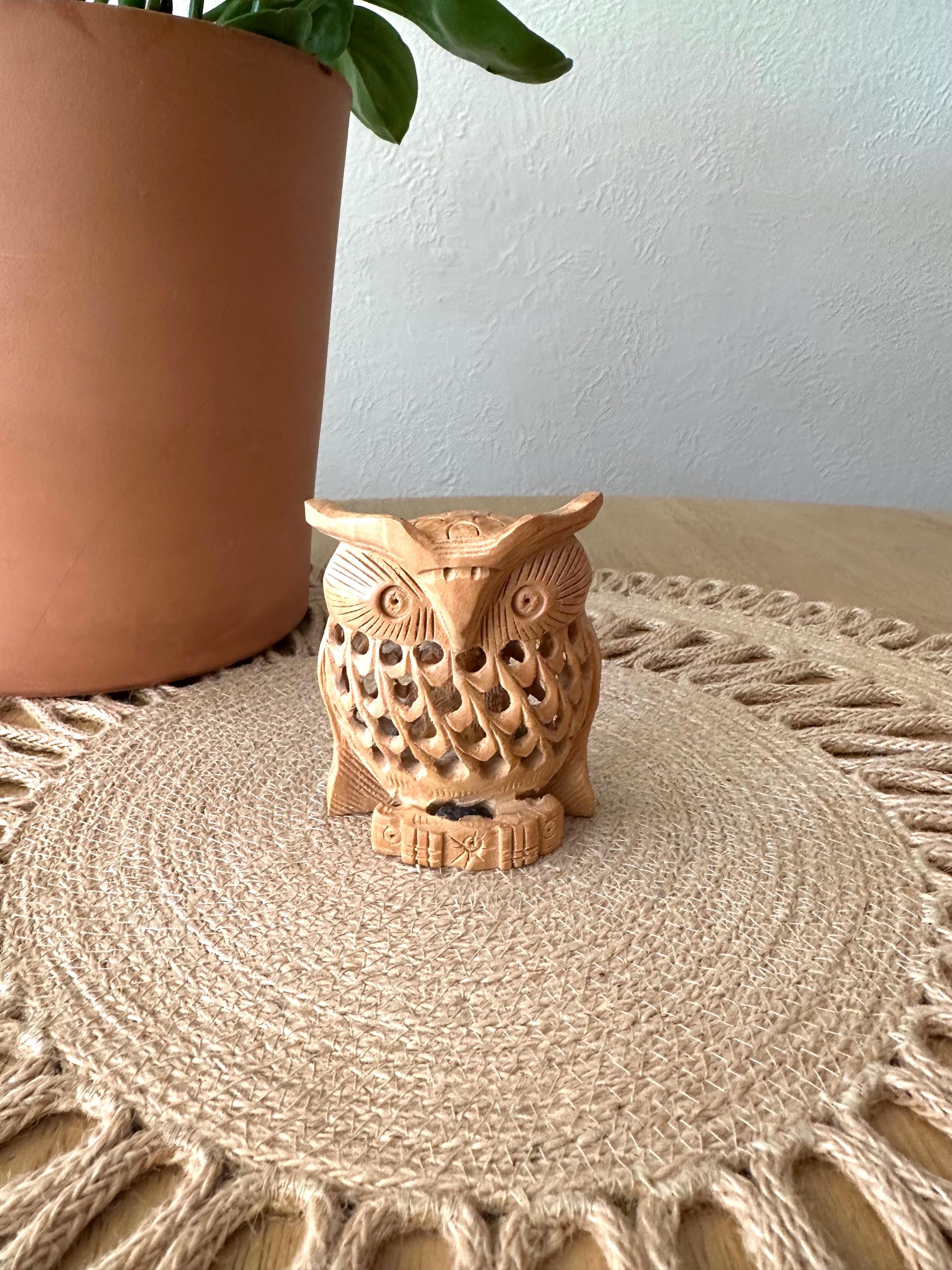 Wood Owl Statue Vintage Wooden Owl and Baby Sculpture Bookshelf Decor Bird Lover Gift
