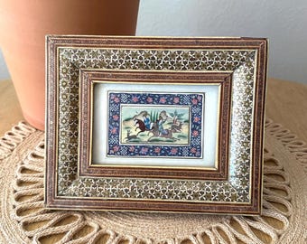 Vintage Horse Painting Persian Hunting Art Small Landscape Art in Khatam Frame