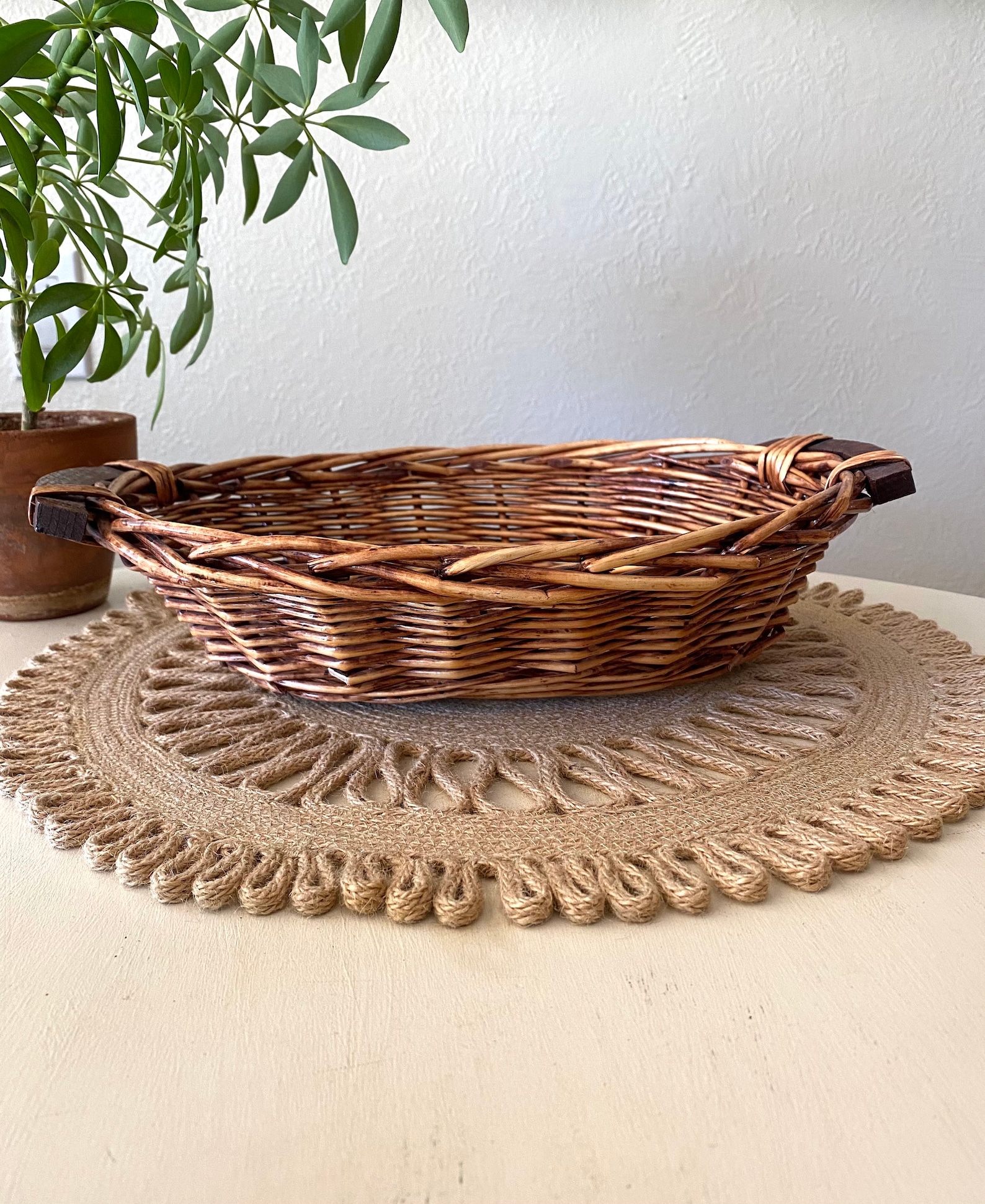Oval Woven Basket / Shallow Basket With Handles / Gift Basket Etsy