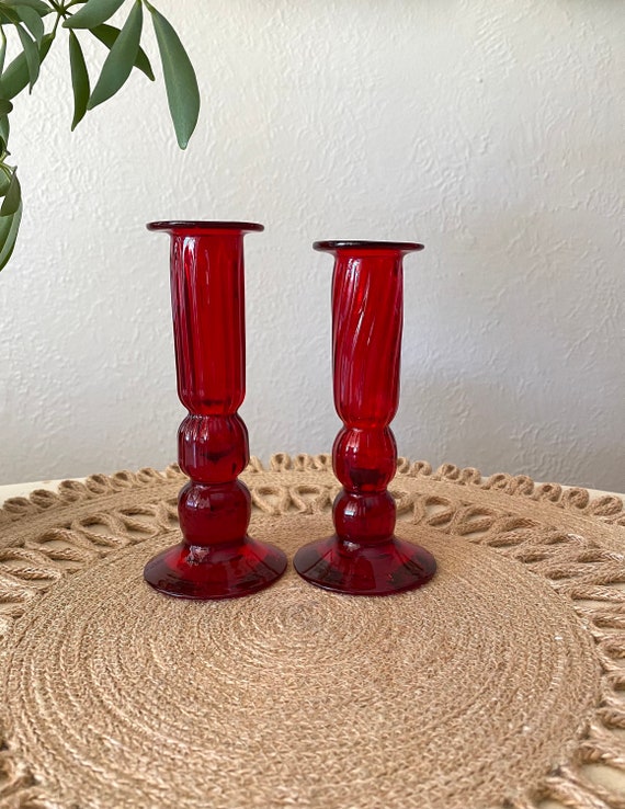 Red Glass Candle Holders / Red Candle Holders / Red Etsy