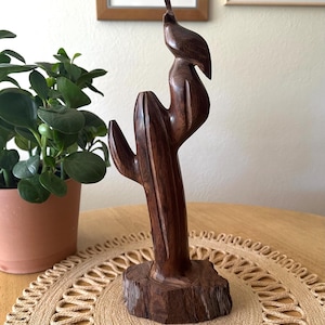 Cactus Statue Wood Cactus and Bird Sculpture Southwestern Statue Boho Desert Decor
