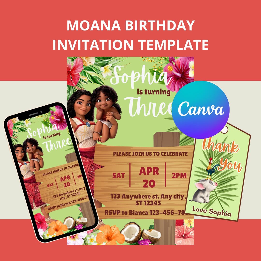 Editable Moana Birthday Invitation Template Moana Digital Birthday