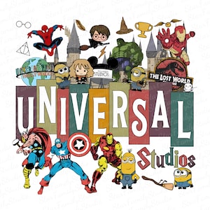 May include: A colorful graphic featuring the words "UNIVERSAL STUDIOS" with various cartoon characters. The characters include Spider-Man, Harry Potter, the Hulk, Iron Man, and Minions. The image has a white background.
