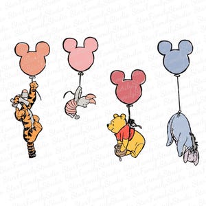 Könnte beinhalten: Vier Comicfiguren, Tigger, Ferkel, Winnie Puuh und Esel, halten an Ballons in Form von Mickey-Maus-Ohren fest. Die Ballons sind rosa, blau, rot und hellblau.