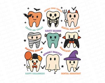 Op de afbeelding: Illustraties van tanden met een Halloween-thema. Elke tand is gekleed in een uniek kostuum, waaronder een mummie, een vampier en een spook. Tekst bevat "Trick or Treat", "Cavity Season" en "Happy Halloween."