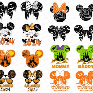 May include: A set of 10 Halloween-themed Mickey Mouse SVG cut files. The designs feature Mickey Mouse ears with various Halloween elements, including bats, pumpkins, and ghosts. The text "2024" and "Halloween" are included in some designs. The designs are perfect for creating personalised Halloween crafts and decorations.
