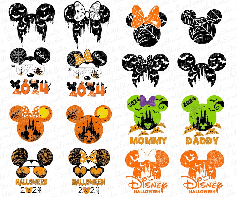 May include: A set of 10 Halloween-themed Mickey Mouse SVG cut files. The designs feature Mickey Mouse ears with various Halloween elements, including bats, pumpkins, and ghosts. The text "2024" and "Halloween" are included in some designs. The designs are perfect for creating personalised Halloween crafts and decorations.