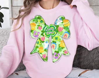 Lucky Charms Bow PNG, Girly Hand Drawn Coquette St Patricks Day Shirt, Preppy Kids Childrens Lucky Charms Shirt, Rainbow Shamrock Download