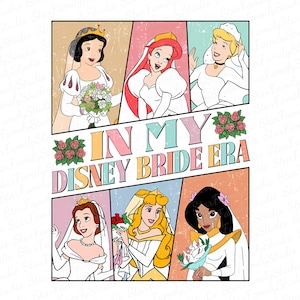 Peut inclure: Un collage de princesses Disney habill&eacute;es en robes de mari&eacute;e blanches avec le texte "In My Disney Bride Era".