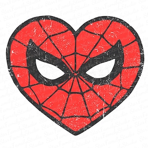 May include: A red heart-shaped graphic with a black spider web design and a black mask with white eyes. The graphic has a distressed, vintage look.