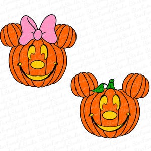 May include: Two orange pumpkin-shaped designs with Mickey Mouse ears. One has a pink bow, the other a green stem. Both have yellow faces with smiling mouths and oval noses, perfect for Halloween decorations.