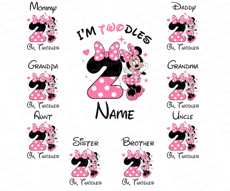 K&ouml;nnte beinhalten: Eine wei&szlig;e Grafik mit Minnie Mouse, einer gro&szlig;en rosa Zahl 2 mit wei&szlig;en Punkten und dem Text "I'm Twoodles Name". Zus&auml;tzlicher Text enth&auml;lt "Mommy", "Daddy", "Grandpa", "Grandma", "Aunt", "Uncle", "Sister" und "Brother".
