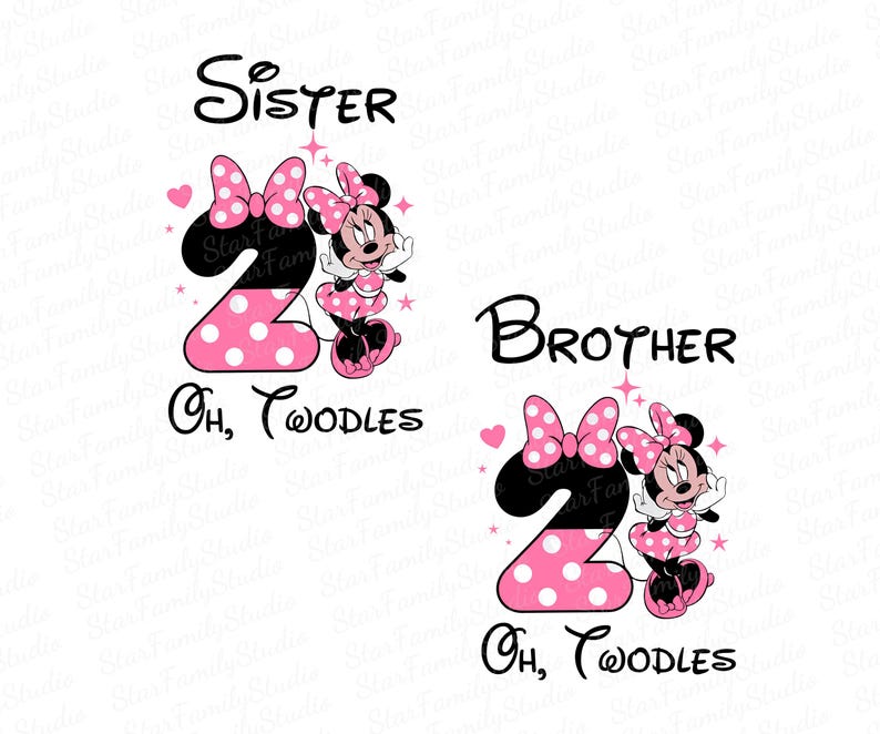 K&ouml;nnte beinhalten: Zwei Designs mit Minnie Mouse, eines mit der Aufschrift "Sister" und das andere mit "Brother". Jedes Design enth&auml;lt eine gro&szlig;e "2" in schwarzen und rosa Punkten, Minnie Mouse und den Satz "Oh, Toodles."
