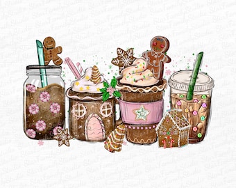 Pink Gingerbread coffee PNG, Christmas houses peppermint iced latte sweets snow cozy Sublimation design hand drawn Printable file Shirt