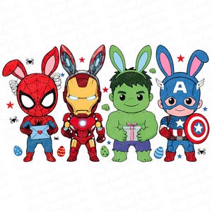 May include: A digital illustration featuring four superheroes dressed as Easter bunnies. Spider-Man, Iron Man, Hulk, and Captain America are depicted with bunny ears, holding Easter eggs and gifts. The image has a white background.