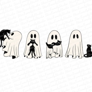 Spöke och svart katt SVG, söt Halloween SVG, Bu SVG, läskig svart katt svg, rolig spöke clipart, filer för Cricut, silhuettfil