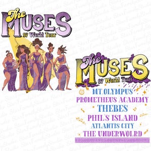 Puede incluir: Un diseño gráfico morado y amarillo con el texto "The Muses 97 World Tour" y un grupo de cinco mujeres con atuendos morados y amarillos. El texto debajo del gráfico dice "MT. OLYMPUS, PROMETHEUS ACADEMY, * THEBES, PHIL'S ISLAND, ATLANTIS CITY, THE UNDERWOLRD"