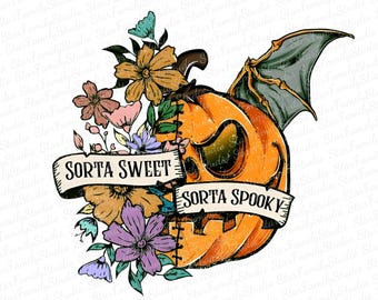 Sorta Sweet Sorta griezelig png, bloemschedel png, Halloween-png, skeletontwerp, griezelig seizoen png, bloempompoen png