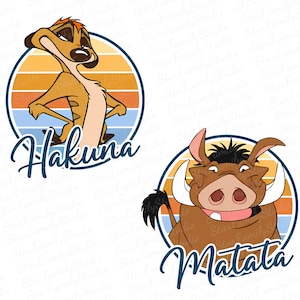 May include: Two cartoon characters from the movie The Lion King. The first character is Timon the meerkat, standing on a blue and orange striped background with the text "Hakuna Matata". The second character is Pumbaa the warthog, standing on a blue and orange striped background with the text "Hakuna Matata".