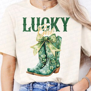Lucky Girl PNG, St Patrick&#39;s Day Cowboy Boots png, Green Shamrock Bow png, Western Irish Sublimation, Lucky St Patrick&#39;s Day Design