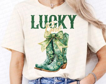 Lucky Girl PNG, St Patrick's Day Cowboy Boots png, Green Shamrock Bow png, Western Irish Sublimation, Lucky St Patrick's Day Design
