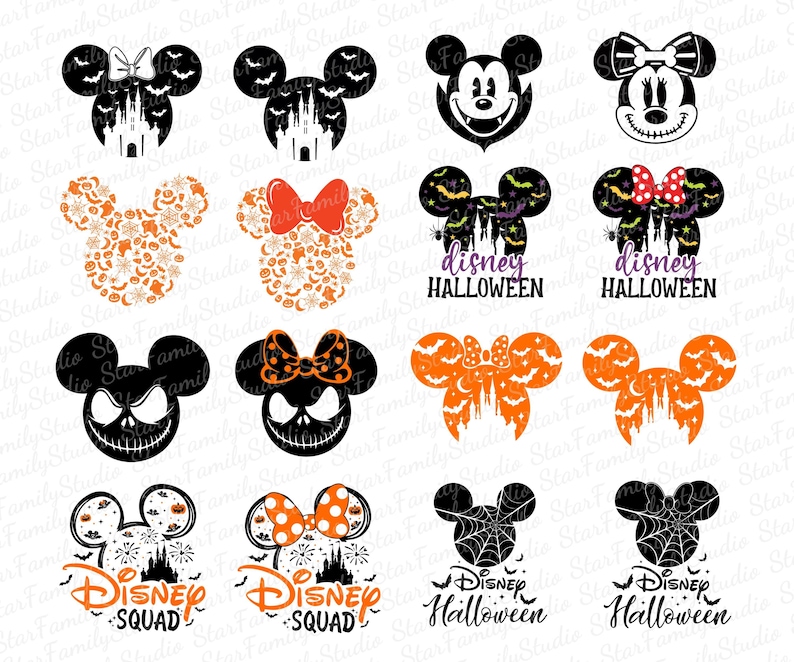 May include: A set of 16 black and white Halloween-themed Disney character SVG files. The characters include Mickey Mouse, Minnie Mouse, and Jack Skellington. The designs feature various Halloween elements such as bats, pumpkins, and spiderwebs. The text "Disney Halloween" and "Disney Squad" is included in some of the designs.