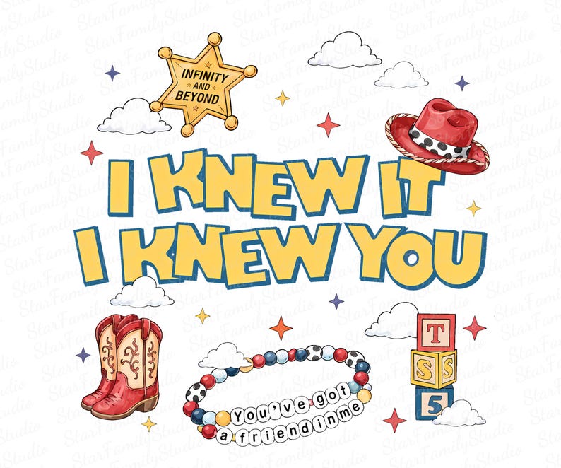 Może przedstawiać: Projekt graficzny z ż&oacute;łtym napisem I KNEW IT I KNEW YOU, złotą gwiazdą szeryfa z napisem INFINITY AND BEYOND, czerwonym kapeluszem kowbojskim, czerwono-białymi kowbojkami, bransoletką z koralik&oacute;w z napisem You've got a friend in me oraz klockami.