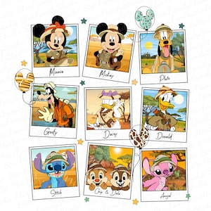 May include: A collage of nine images featuring Disney characters dressed in safari outfits. Each character is in a separate photo frame with their name below. The characters include Mickey Mouse, Minnie Mouse, Goofy, Pluto, Daisy Duck, Donald Duck, Stitch, Chip, and Dale, and Angel.