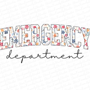 Può includere: Uno sfondo bianco con un contorno nero delle parole "EMERGENCY department" in un carattere floreale.