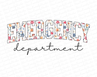 May include: A white background with a black outline of the words "EMERGENCY department" in a floral font.