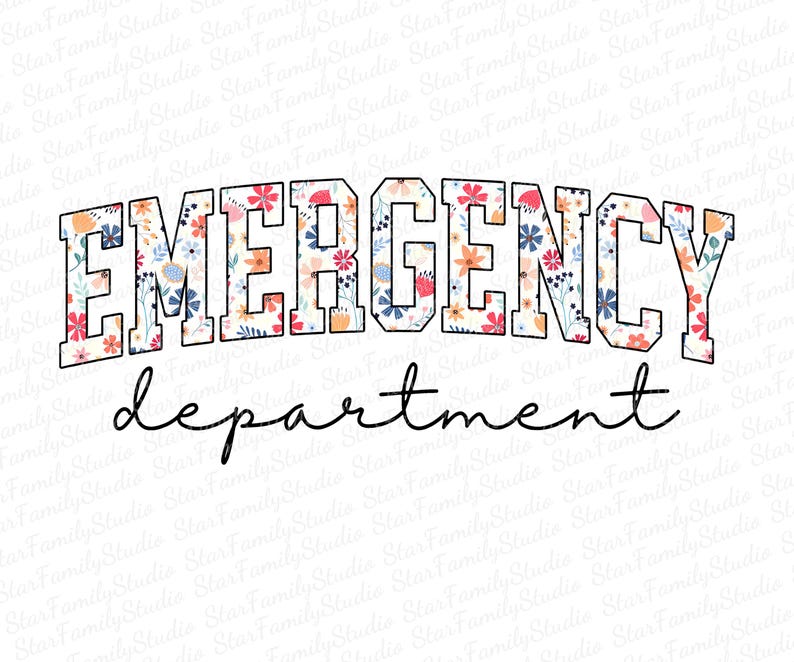 K&ouml;nnte beinhalten: Ein wei&szlig;er Hintergrund mit einer schwarzen Umrandung der W&ouml;rter "EMERGENCY department" in einer floralen Schrift.