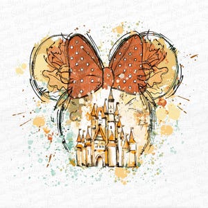 May include: Watercolor illustration featuring Mickey Mouse ears with a polka-dot bow and a castle. The design incorporates orange, yellow, and brown hues with paint splatter effects, creating a whimsical and artistic aesthetic.