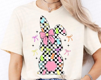Retro Easter Bunny Coquette PNG, Happy Easter Png, Pink Easter Bow Png, Retro Checkered Easter Png, Floral Spring Png, Girls Pink Easter Png