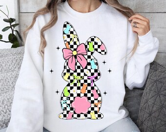 Retro Easter Bunny Coquette PNG, Happy Easter Png, Pink Easter Bow Png, Retro Checkered Easter Png, Floral Spring Png, Girls Pink Easter Png