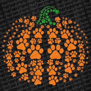 May include: Orange paw prints arranged in the shape of a pumpkin with a green stem. The pumpkin is made up of various sizes of paw prints, creating a festive design. Perfect for pet lovers and fall decor.