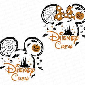 May include: Black and orange Halloween-themed Disney Crew design featuring Mickey Mouse ears with a spiderweb, bats, and a pumpkin. The text "Disney Crew" is in orange.